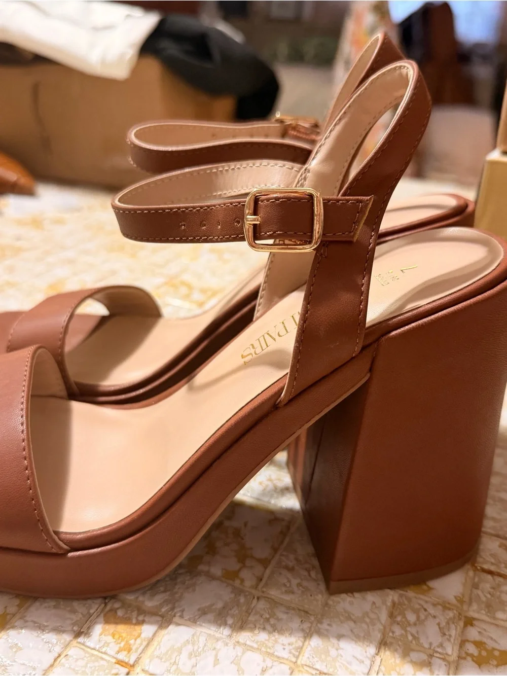 Women's Brown Platform Block Heel Sandals with Ankle Strap